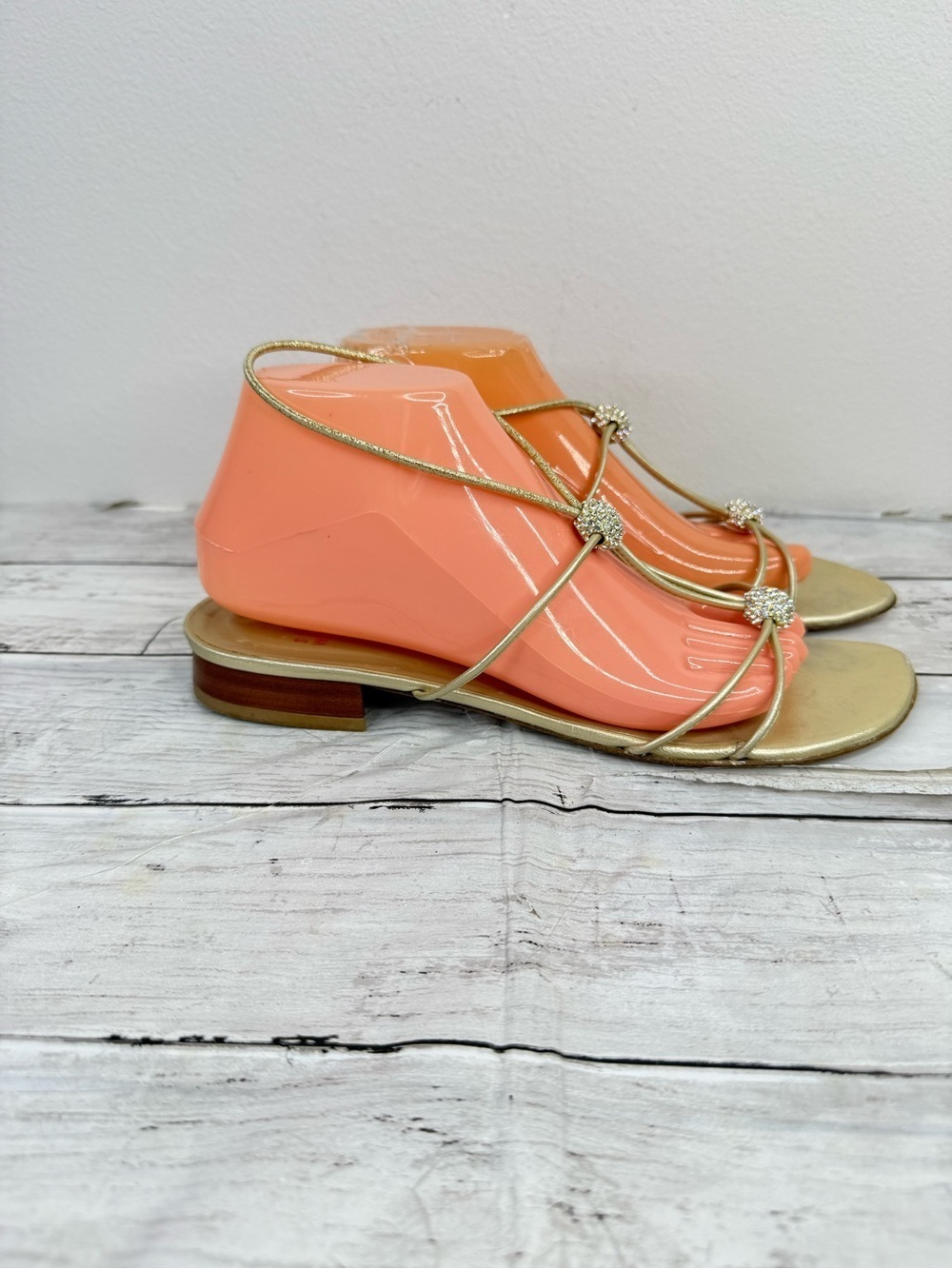 Stuart Weitzman Gold T-Strap Rhinestone Sandals - Picture 2 of 7